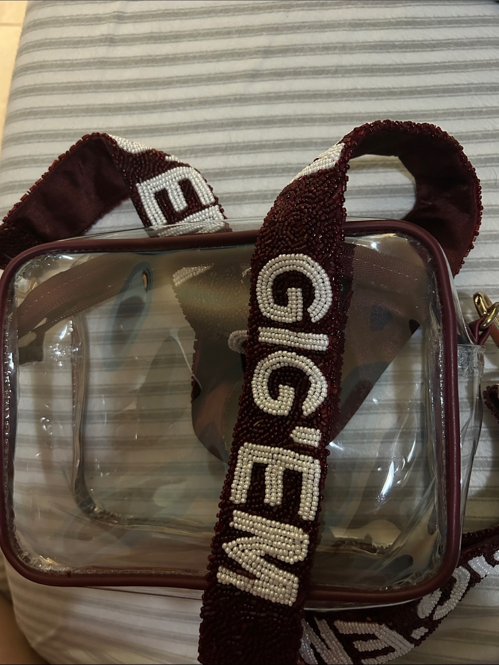 Beaded Strap Clear Crossbody Bag - Burgundy